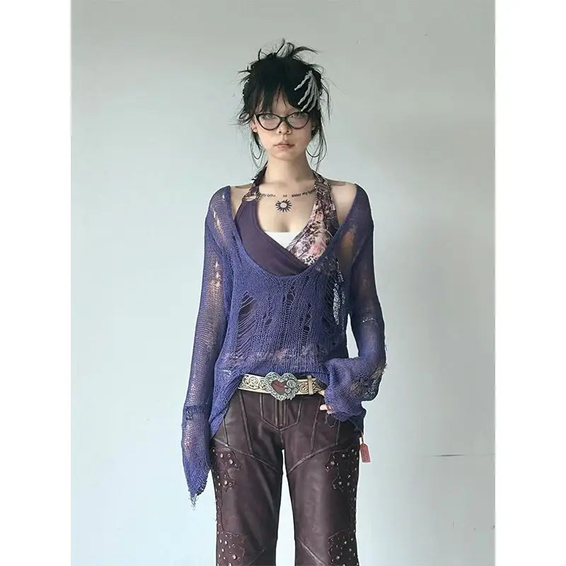 Chic Dollette Japanische Zweiteilige Oberteile Strickpullover mit V-Ausschnitt + Patchwork Tank Top Streetwear 2000er Japanisches T-Shirt Damen