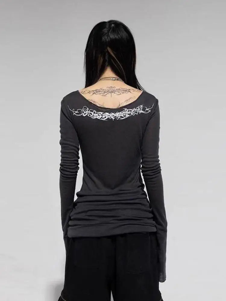 T-shirt Chic Dollette Imprimé Vintage Manches Longues Moulant Transparent Rétro Américain Années 90 Tee Top Streetwear Graphique