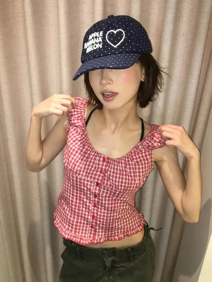 Chic Dollette Japanese Plaid Shirt Women Short Sleeve Slim Blouse And Shirt American Retro 90s Crop Tops Streetwear Vintage Tops
