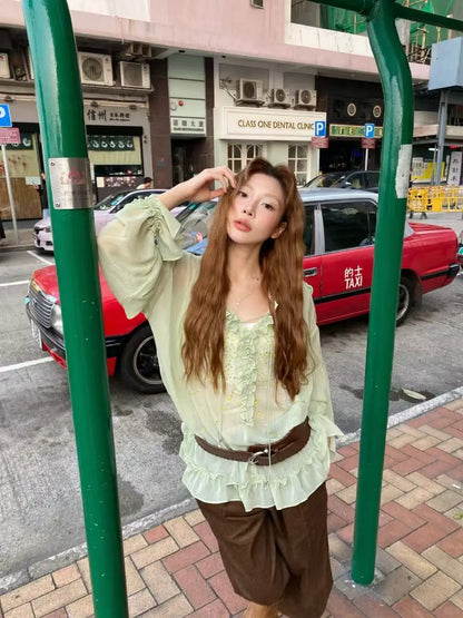 Chemisier Vert Chic Dollette Streetwear Vêtements Manches Longues Mode Coréenne Chemise Transparente Élégant Décontracté Vêtements d'Extérieur