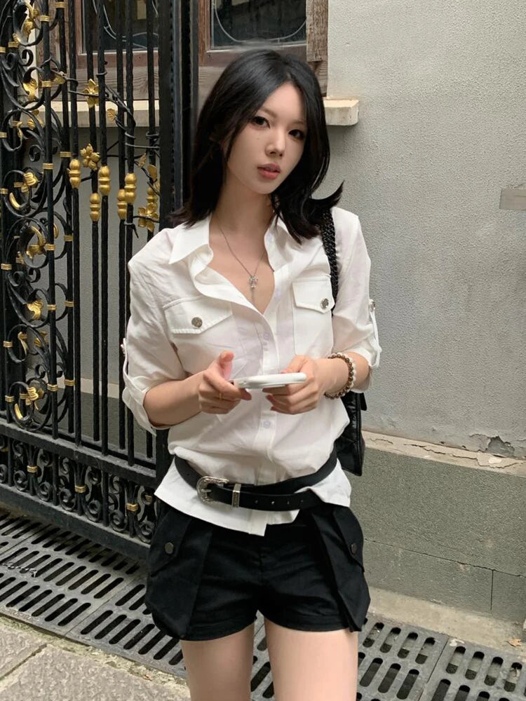 Schickes Dollette Hemd mit Reverskragen und halbem Ärmel, lässiges Sommertop, koreanische Mode, Streetwear Hemden & Blusen, lässiger Herbst