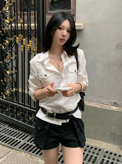 Schickes Dollette Hemd mit Reverskragen und halbem Ärmel, lässiges Sommertop, koreanische Mode, Streetwear Hemden & Blusen, lässiger Herbst