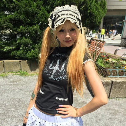 Chic Dollette Harajuku Vintage T-Shirt Rollkragen Print Crop Top Japanisches Grunge Top Gothic T-Shirts 2000er Tees