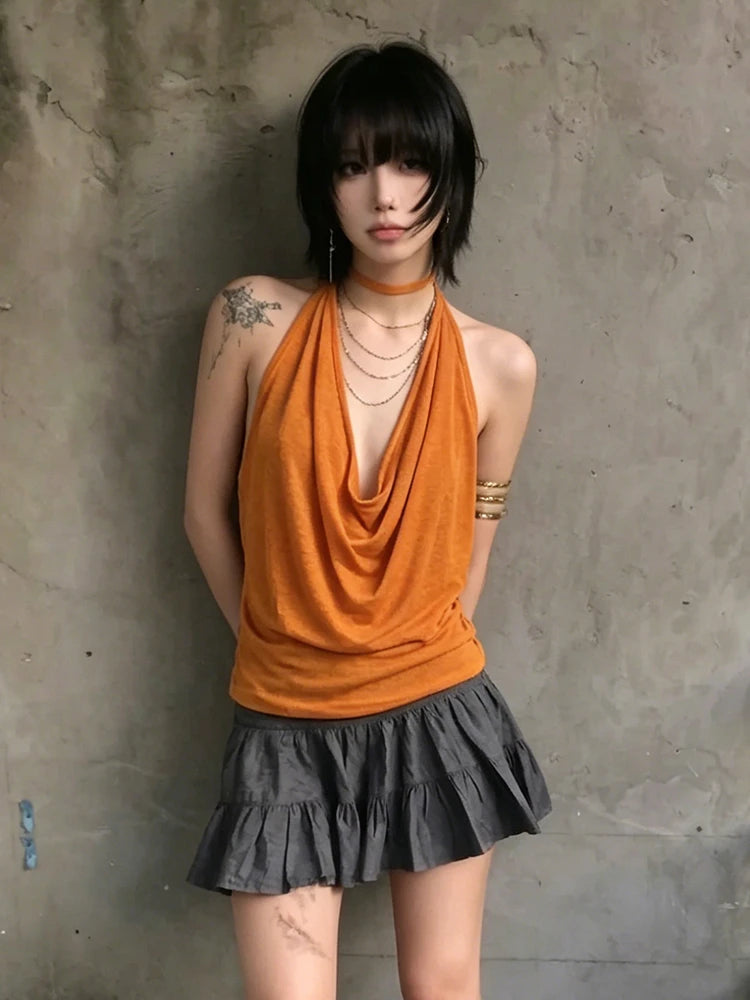 Chic Dollette Sexy Tanktop Neckholder zum Schnüren mit Schwingkragen Vintage Camis Streetwear Japanische ärmellose Tanks der 2000er-Jahre