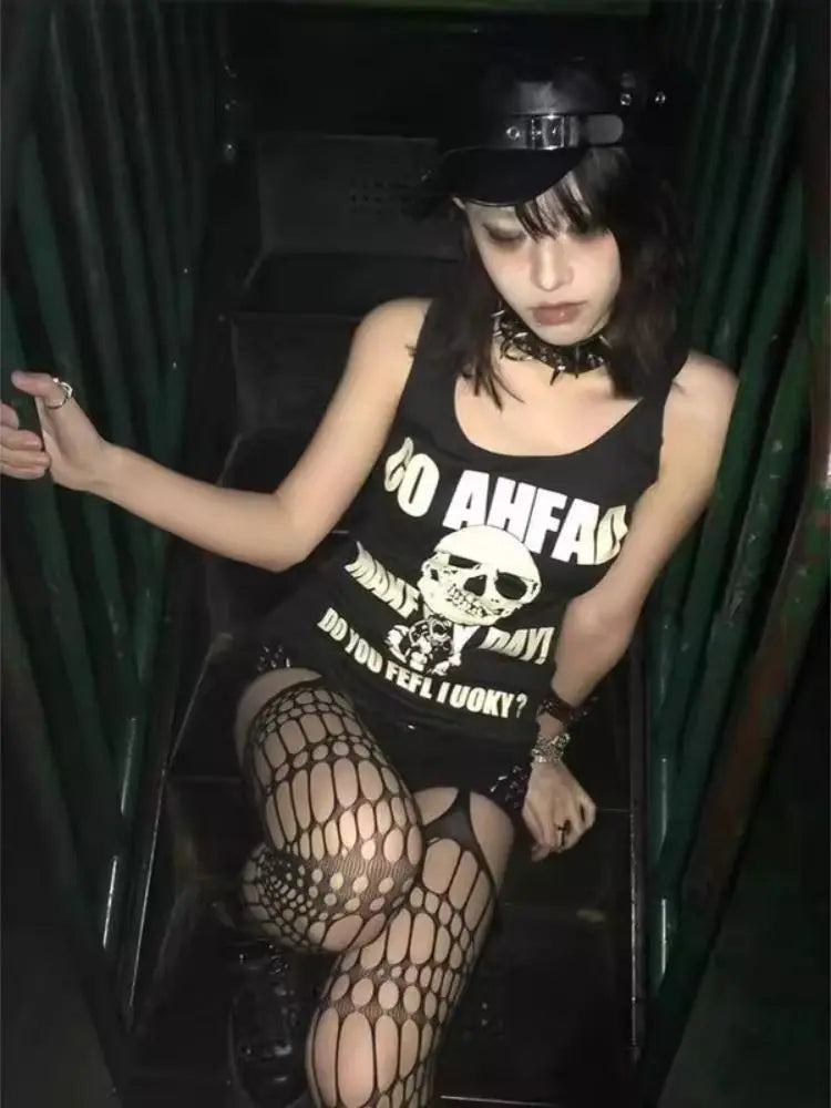 Schickes Dollette Gothic Tanktop Bedrucktes ärmelloses Rundhals-Top Koreanische Mode Top 2000er Kleidung Damen Bekleidung Grafik-Weste