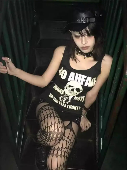 Débardeur Chic Dollette Gothique Imprimé Sans Manches Col Rond Mode Coréenne Haut Années 2000 Vêtements Femme Gilet Imprimé