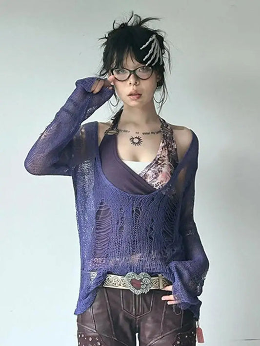 Chic Dollette   Japanese Two Pieces Top Knit V Neck Pullovers + Patchwork Tank Top Streetwears 2000s Japanese T Shirt Women
