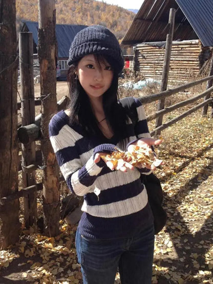 Chic Dollette Japanischer Pullover Gestreifter V-Ausschnitt Strickpullover Streetwear Koreanischer Stil Warmes Oberteil Herbst Winter 2000er Mode