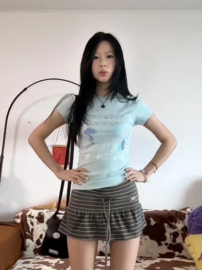 Chic Dollette Y2k Aesthetic T-shirt Women Slim Print Graphic Tops Streetwear Japanese 2000s Crop Tops Short Sleeve Tshirts E-girls