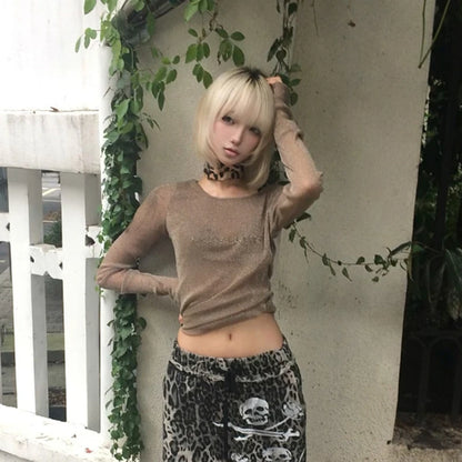 Schickes Dollette Grunge Mesh Top Japanisch 2000er Langarm-T-Shirt Durchsichtig Vintage-Print Grafik-Top Streetwear