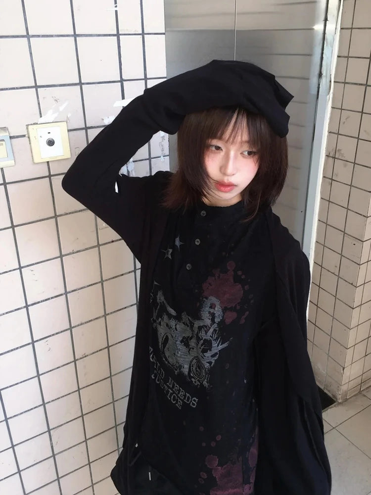 Chic Dollette Vintage Grunge Langarm Casual Loose T-Shirt Top Streetwear 2000er Japanisches T-Shirt Print Grafik-Top