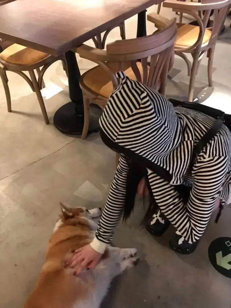 Chic Dollette Mode Frau Kleiner Teufel Ecke Selbstgemachte Gestreifte Kapuzenstrickjacke Reißverschluss Kurz Außen Sichtbar Dünne Strickjacke Top