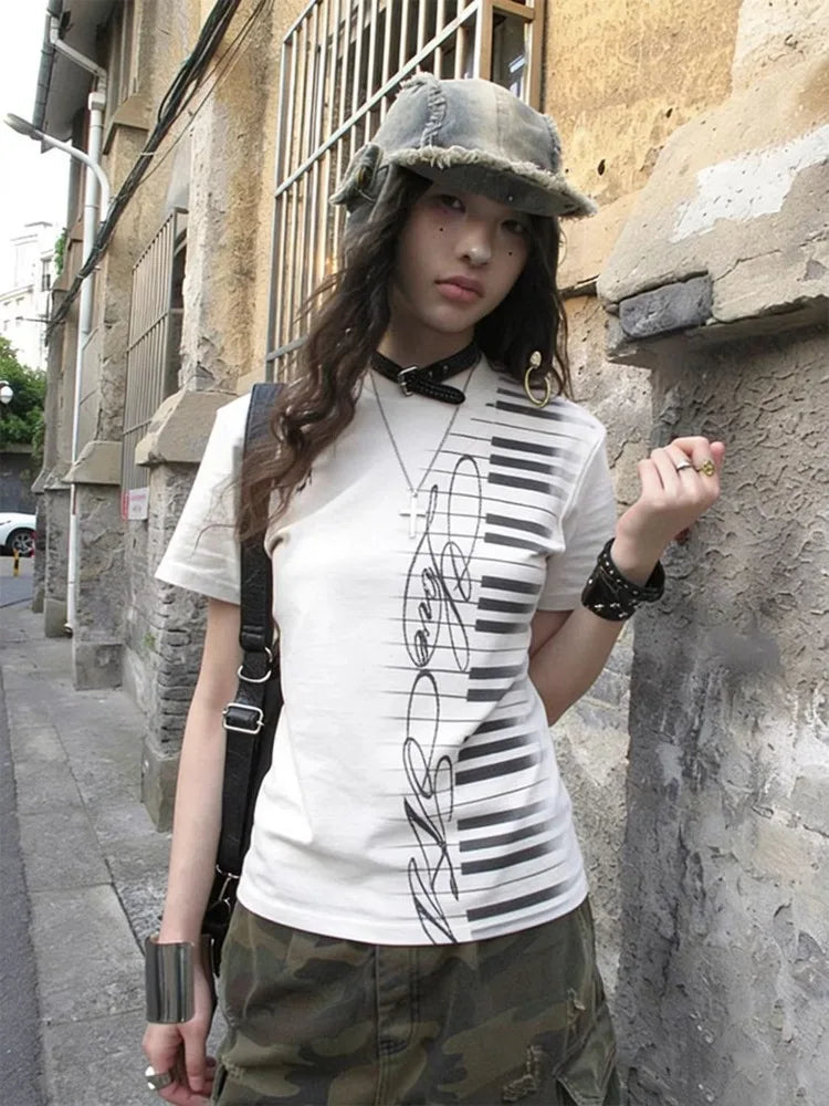 Chic Dollette V Neck Short Sleeve Spring Summer Fashion Slim Printed Grunge Gothic Tops Female Y2k Harajuku Casual