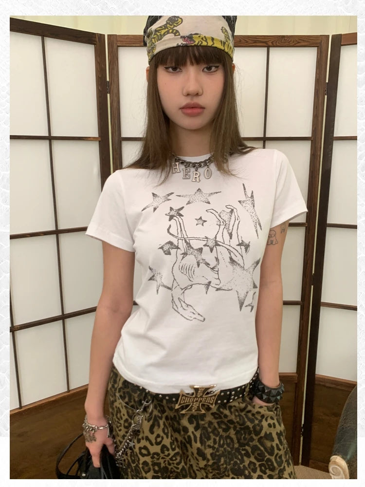 Chic Dollette Amerikanischer Retro-Print Grafik-T-Shirts Damen Kleidung Kurzarm 2000er Kleidung Koreanische Mode T-Shirts Frauen Kleidung