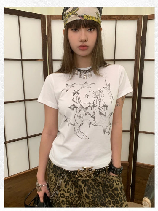 Chic Dollette T-shirts graphiques imprimés rétro américain Vêtements femme Manches courtes Années 2000 Vêtements Mode coréenne T-shirts Femme Vêtements