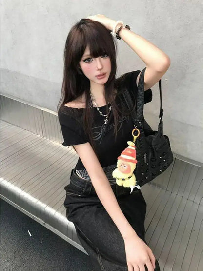 Haut court rayé à col bateau et manches courtes "Chic Dollette Hotsweet", T-shirt graphique, vêtements années 2000, mode coréenne, haut deux pièces