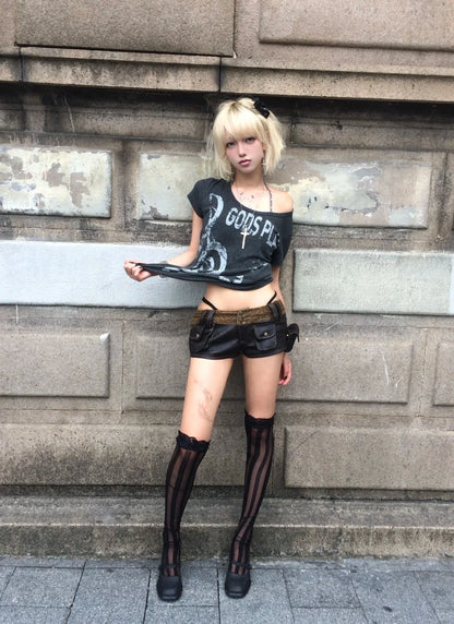 Chic Dollette Vintage T-Shirt Kurzarm Print Grafik-Top Japanische 2000er Grunge Top Punk Style Tee Top E-Girls