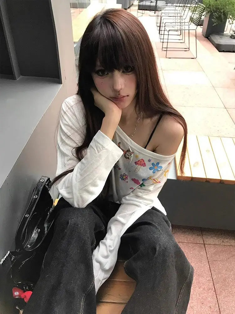 Chic Dollette Hotsweet Langarm-Grafik-T-Shirts Lockerer Schrägkragen Lässiges Oberteil 2000er Kleidung Koreanisches Fashion-Oberteil