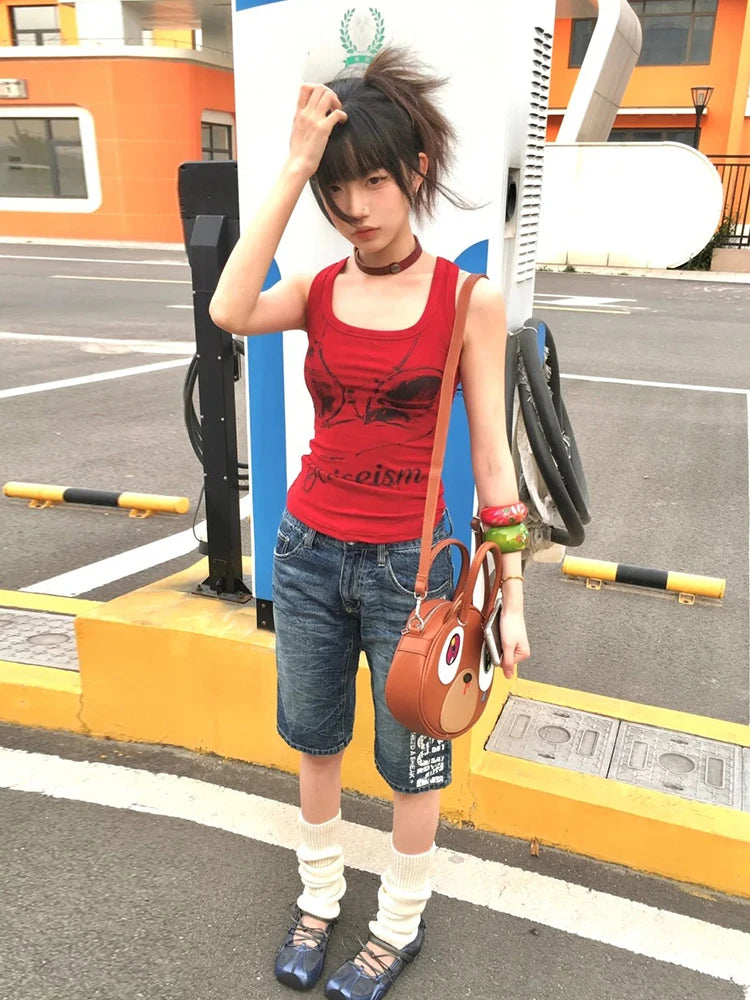 Chic Dollette Gothic Vintage Tank Top Ärmelloses Grafik-Print-Top Streetwear Japanische 2000er Weste Grunge Top E-Girls