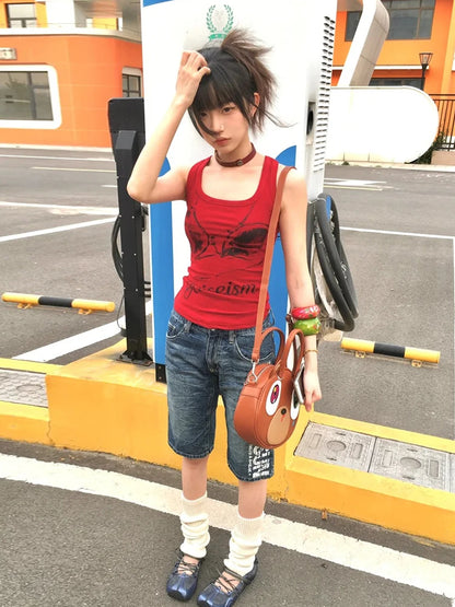 Chic Dollette Gothic Vintage Tank Top Ärmelloses Grafik-Print-Top Streetwear Japanische 2000er Weste Grunge Top E-Girls