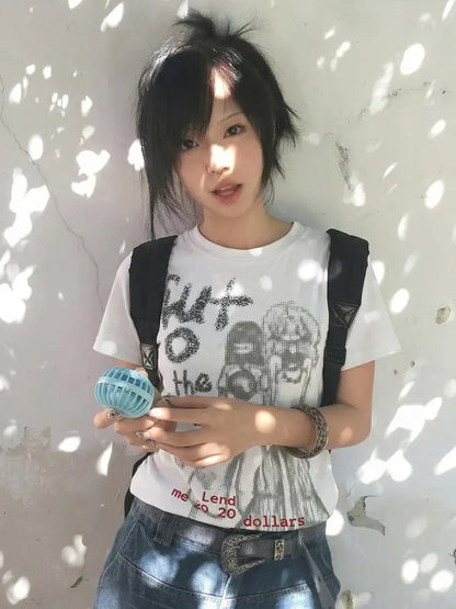 Chic Dollette Harajuku Graphic Print Top Summer Y2k Aesthetics Top Vintage Punk Tee Casual Short Sleeve T-shirt Japanese 2000s