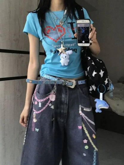 T-shirt Chic Dollette Américain Rétro Col Rond Coupe Slim Motifs Graphiques Vêtements Années 2000 Mode Coréenne Femme Haut Décontracté Manches Courtes