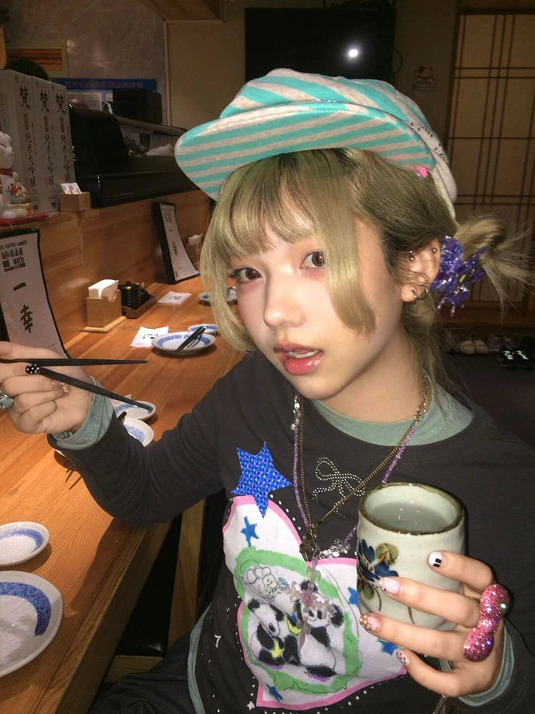 Chic Dollette Harajuku Cartoon Printing T-shirts Streetwear Black Diamond Bow Y2k Aesthetic Fairy Tshirts Women Grunge Bottoming Tops