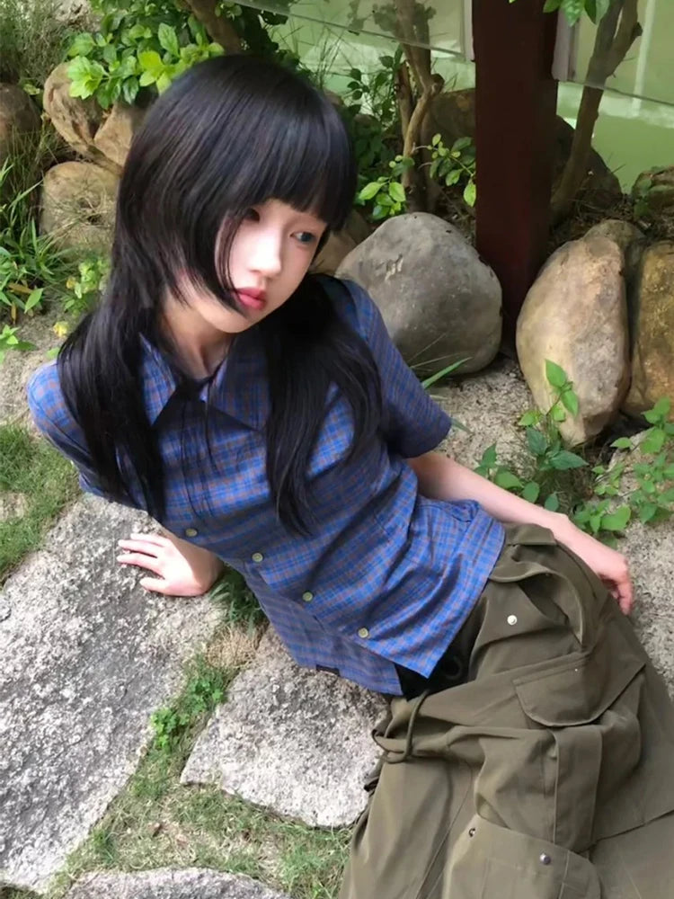 Chic Dollette Chemise Vintage Manches Courtes Irrégulière Décontractée à Carreaux Années 2000 Japonaise Été T-shirt E-girls Streetwear