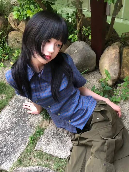 Chic Dollette Chemise Vintage Manches Courtes Irrégulière Décontractée à Carreaux Années 2000 Japonaise Été T-shirt E-girls Streetwear