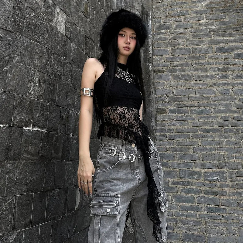 Chic Dollette Débardeur en dentelle noir sexy, haut d'été, T-shirt sans manches, vêtements années 2000, coupe ajustée, évidé, débardeurs gothiques, vêtements