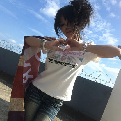 Chic Dollette British Print T-shirt Grunge Short Sleeve Diamond Tshirt