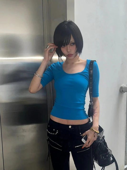 Chic Dollette Aesthetic 2000s T-shirt Women Half Sleeve Slim Crop Tops Y2k Fairycore Vintage Tops Streetwear Square Collar Tshirts