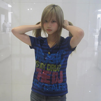 Chic Dollette Japanese Y2k Letter Print T-shirt Trashy 2000s Short Sleeve Striped Tops Vintage Harajuku V-neck T Shirt American Retro