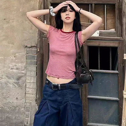 Chic Dollette Red Striped Women's T-shirt Short Sleeve Slim 2000s Clothes Y2k American Retro Summer Tops Tees Female Clothing Vintage