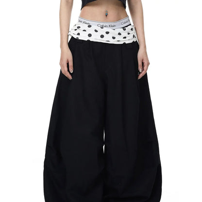 Chic Dollette Pink Polka Dot Spliced Trousers Female Clothing Wide Leg Summer High Waist Fashionable Zipper Folds Loose Casual Pants