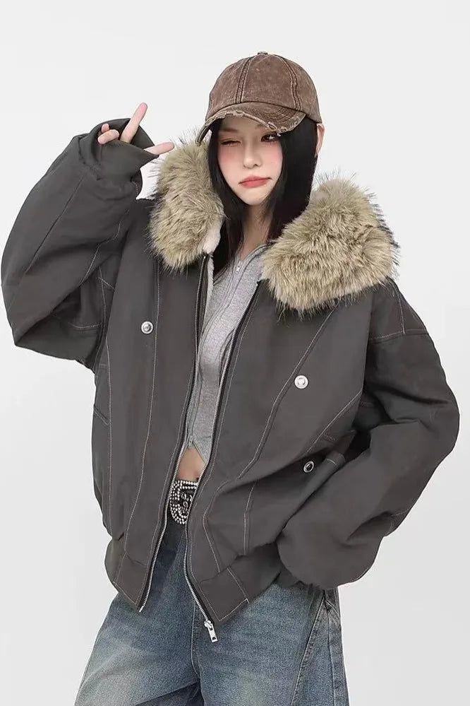 Chic Dollette Winterjacken Pelzkragen Parkas Vintage Thicken Fleece Warme Jacken Streetwear Harajuku Hip Hop Gepolsterte Chic Oberbekleidung
