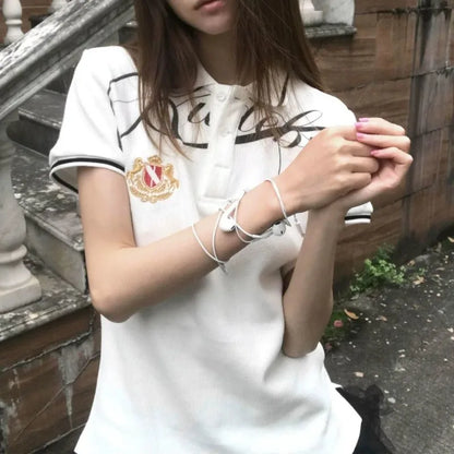 Chic Dollette T Shirts Women Vintage Turn Down Collar Embroidery Short Sleeve Fashion Y2k Aesthetic Harajuku Tops Grunge Gothic