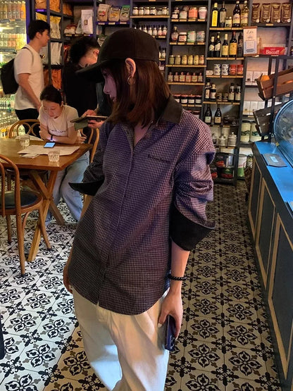 Chic Dollette Korean 2000s Shirt Patchwork Plaid Casual Shirts Long Sleeve  Japanese Shirts And Blouses Vintage Unique Top