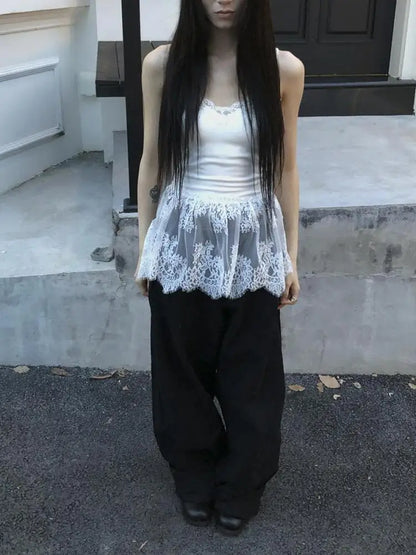 Haut court chic coréen Dollette en patchwork et dentelle, sans manches, style superposé, dos nu, streetwear, gothique chic