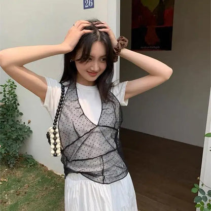 Schickes Dollette Vintage Tanktop gepunktet ärmelloses Tanktop Retro Crop Top Streetwear 2000er koreanischer Stil Sommer Mesh Top