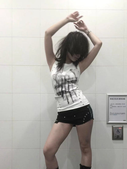 Chic Dollette Gothic Print Tanktop Broken Black Vintage Grunge Top Streetwear 2000er Jahre Japanisches ärmelloses T-Shirt