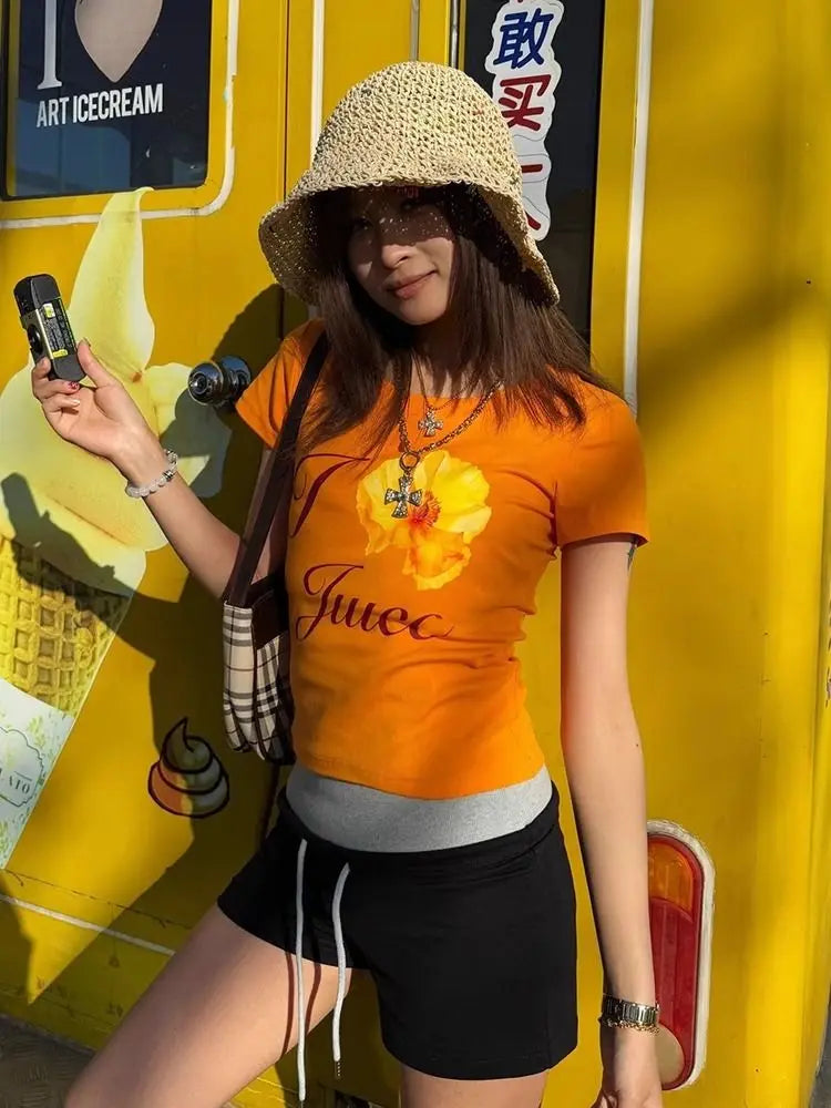 Schicke Dollette Floral Graphic T-Shirts Orange Kurzarm Koreanische Mode 2000er Kleidung Hotsweet Slim T-Shirts Damenbekleidung Chic