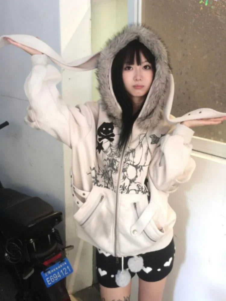 Chic Dollette Rabbit's Ears Cute Hoodies Women Y2k Aesthetic Loose Printing Vintage Coats Streetwear Zipper Grunge Sweatshirts