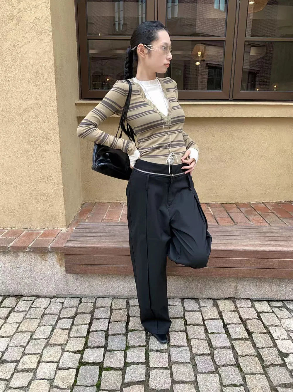 Schickes Dollette Gestreiftes Fake Two Piece T-Shirt Langarm Koreanische Mode Office Lady Strickoberteil Herbst T-Shirts Damen Kleidung