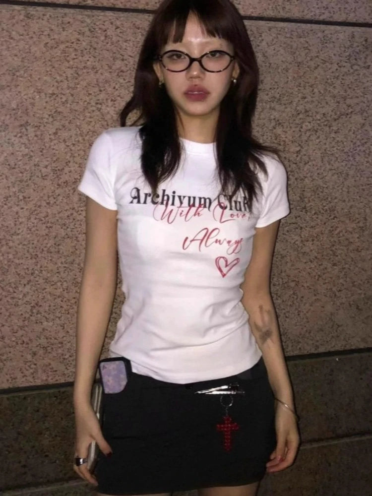 Chic Dollette Love Letter Printing Women T-shirt Summer Harajuku White Simple Tees Vintage Streetwear Bodycon Grunge Tshirts