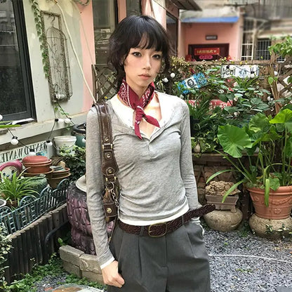 Schickes Dollette Japanisches T-Shirt Patchwork Langarm Fake Two Pieces Top Amerikanisches Retro Grunge Top Tee Streetwear T-Shirts