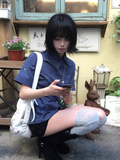 Chemise décontractée à carreaux vintage Chic Dollette à manches courtes Haut d'été japonais années 2000 Chemise irrégulière rétro américaine années 90