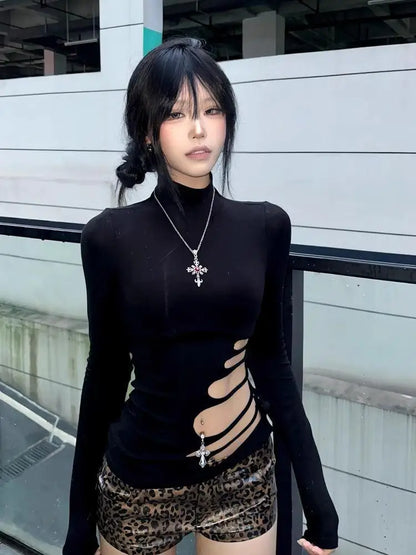 T-shirt Chic Dollette Hotsweet avec découpes, coupe ajustée, manches longues, vêtements des années 2000, mode coréenne, vêtements pour femmes, col roulé, haut chic