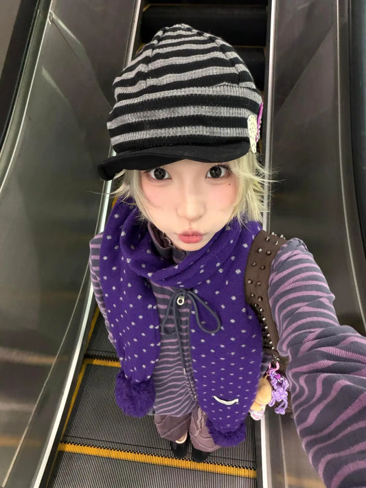 Cardigan rayé zippé à manches longues Chic Dollette Style japonais Streetwear Grunge Top E-girls Kawaii
