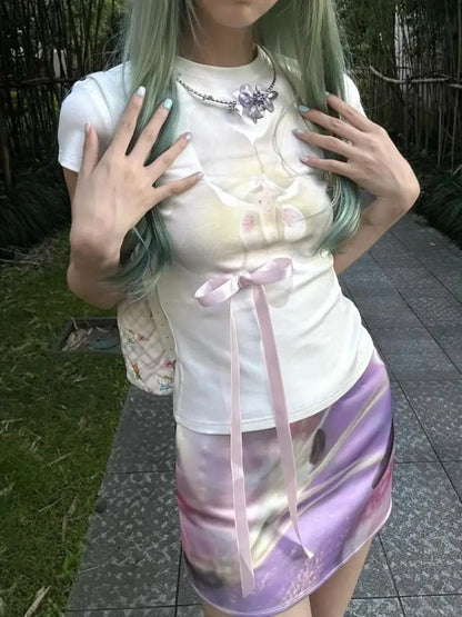 T-shirts Femme Chic Dollette Imprimé Floral Manches Courtes Nœud Style Japonais Années 2000 Vêtements T-shirts Moulants Vêtements Féminins